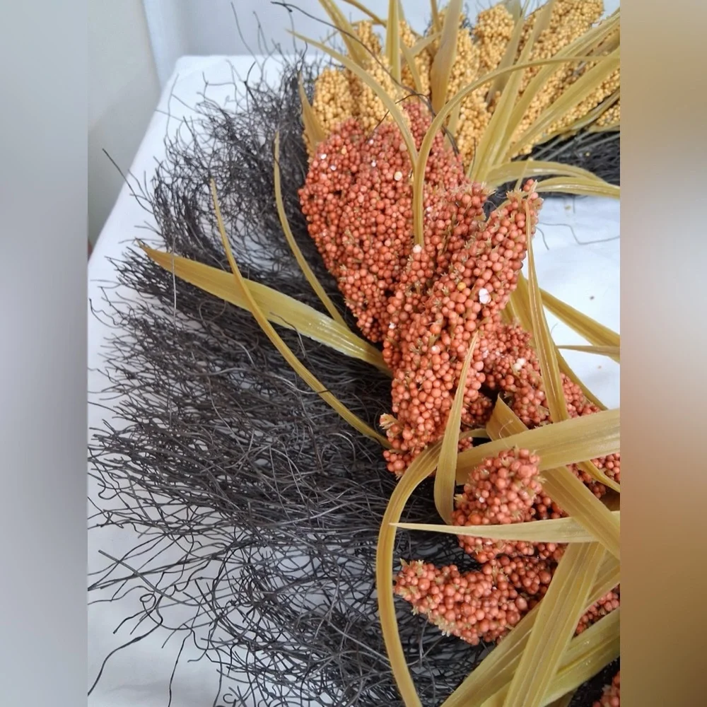 NEW Handcrafted Autumn Harvest Wreath with Multicolor Wheat Grass & Millet Fall